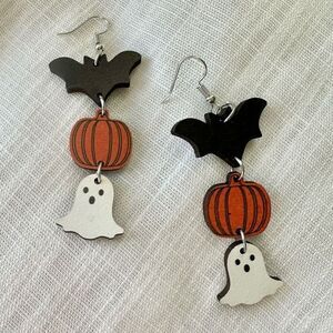 Lightweight wooden Bat, Ghosty, & pumpkin Halloween earrings
